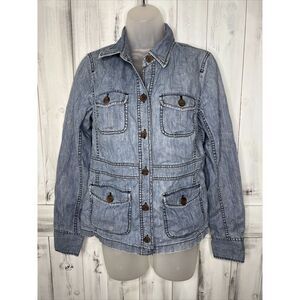 J CREW BLUE COTTON CHAMBRAY BUTTON UP LIGHTWEIGHT UTILITY CARGO JACKET POCKETS S